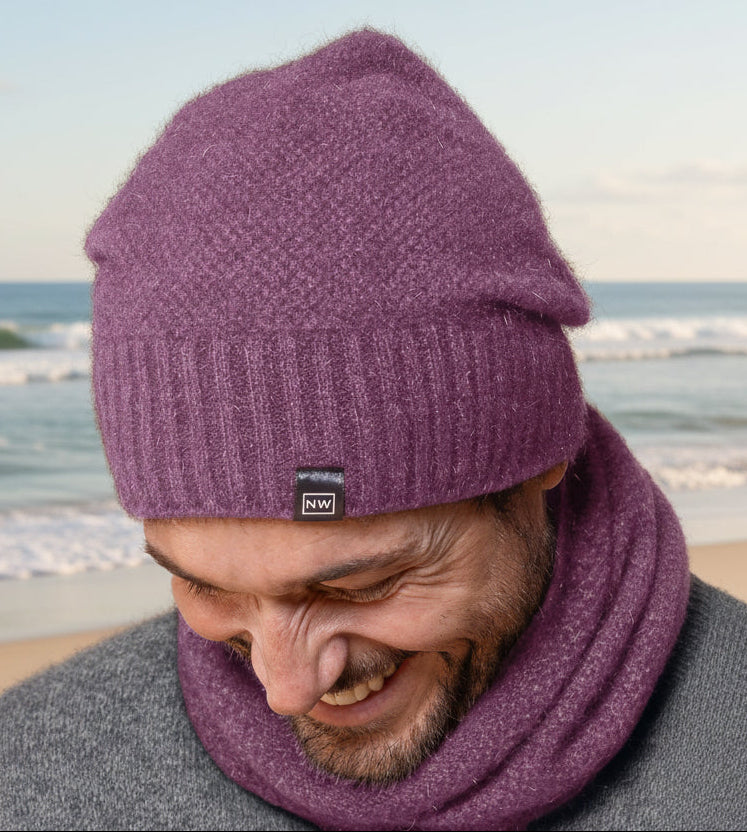 This very cool baggie beanie is knitted in a moss stitch with a rib band that can be worn as is or folded back. Made from a blend of possum merino it will keep you warm as well as looking stylish! Available in one size only. Made in Christchurch, NZ by Noble Wilde.