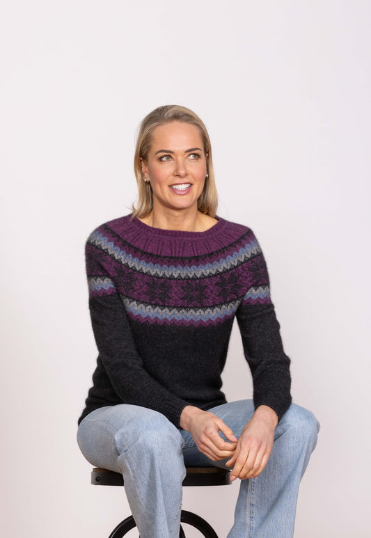 Based on a classic Norwegian cross shoulder parachute design which creates a continuous snowflake pattern in contrast colours around the yoke, the Norwdarn Sweater is the ultimate piece for winter! Made from a beautiful blend of merino, possum and silk this sweater is light but so warm. Made in NZ by Noble Wilde.