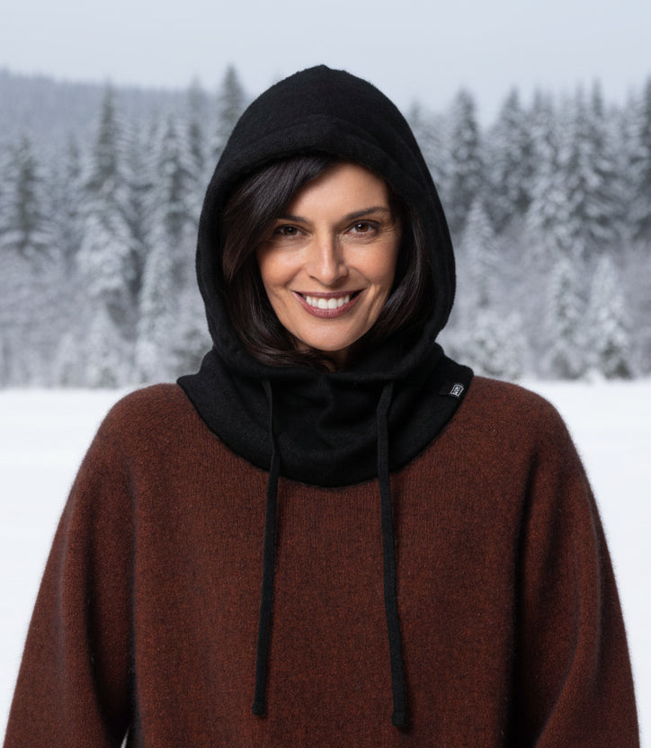 This Scandinavian inspired Oslow Hood has an extra wide neck trim to fit perfectly under a jacket and draw string ties for those cold winter months. Chose a contrasting colour for your favourite outerwear & turn any sweater into a hoodie with a matching colour. Made in one size only by Noble Wilde, NZ.
