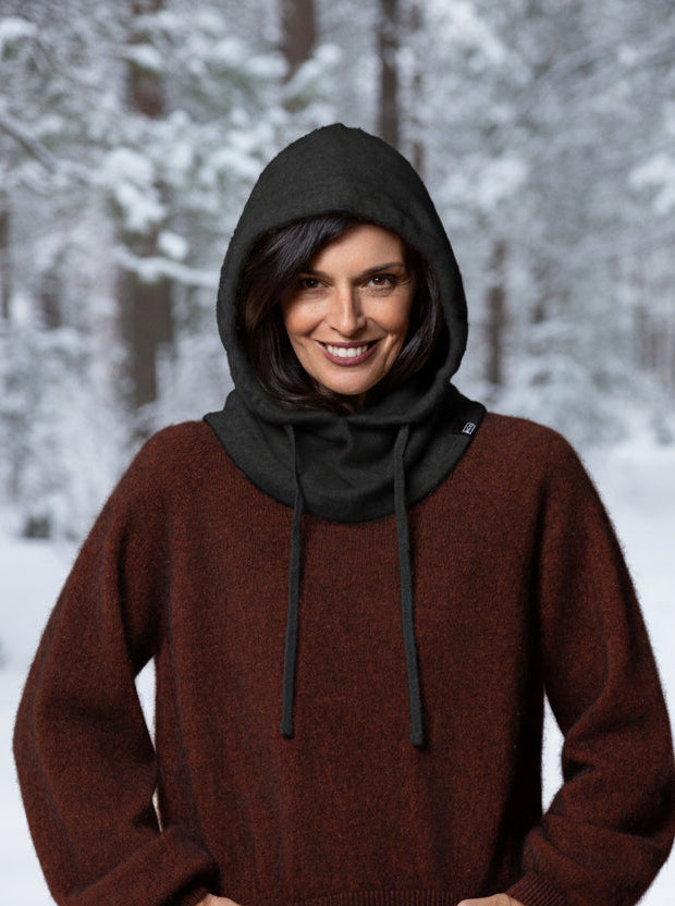 This Scandinavian inspired Oslow Hood has an extra wide neck trim to fit perfectly under a jacket and draw string ties for those cold winter months. Chose a contrasting colour for your favourite outerwear & turn any sweater into a hoodie with a matching colour. Made in one size only by Noble Wilde, NZ.