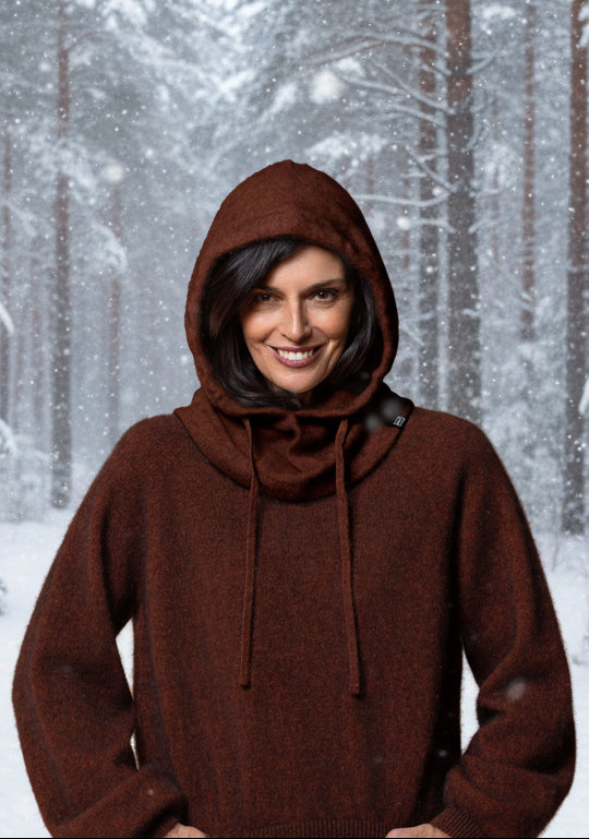 This Scandinavian inspired Oslow Hood has an extra wide neck trim to fit perfectly under a jacket and draw string ties for those cold winter months. Chose a contrasting colour for your favourite outerwear & any sweater into a hoodie with a matching colour. Made in one size only by Noble Wilde, NZ.