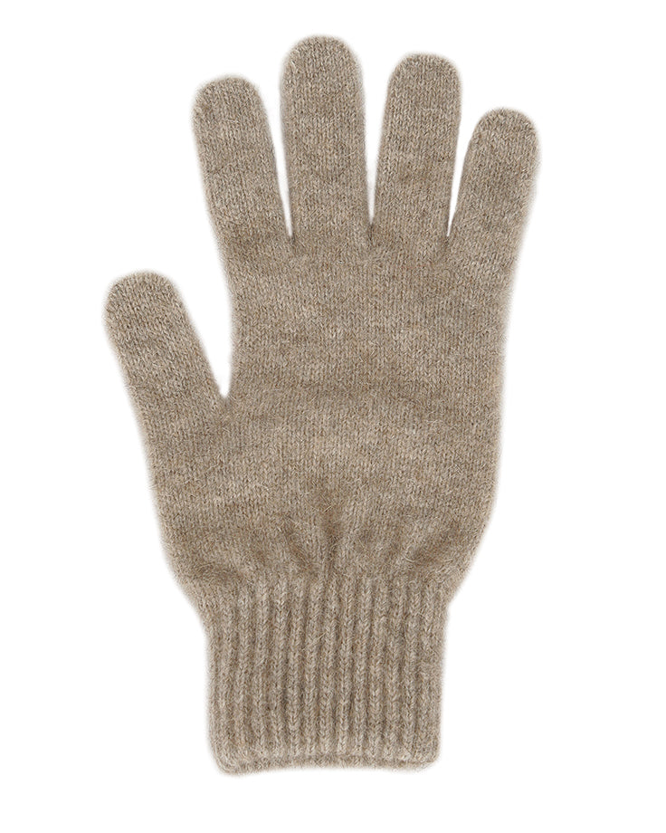 Single thickness glove with elasticated rib cuff. Available in different sizes. S, M, L. Made in NZ by Lothlorian. Natural.