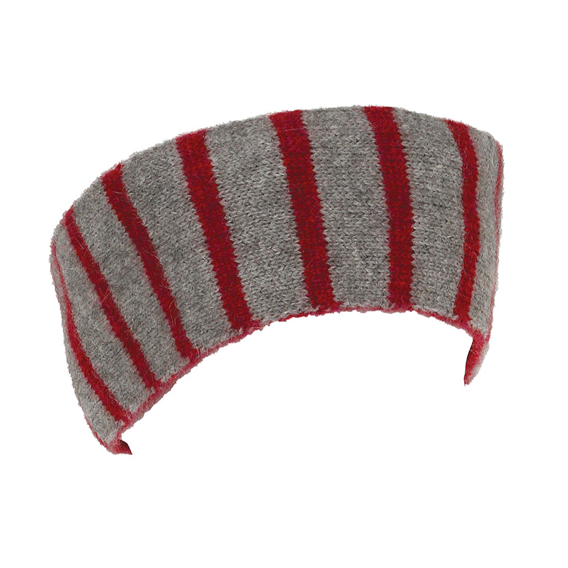 This versatile headband can be worn as plain or striped. Knitted in a double thickness this band is warm as well as fashionable. Raspberry/Silver.