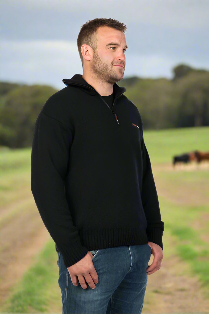 With 36.6 unique double layer technology the classic zip collar Tasman is a hardwearing, heavyweight outdoor style, yet it is still soft to wear. Made with a 100% NZ wool outer layer and super soft EcoBlend lining, developed to help maintain your optimum body temperature (36.6) the Tasman is the perfect jumper for rural life. Women love them too! Available in sizes S - 3XL. Made at the Manawatu Knitting Mills, Palmerston North, NZ. Black.