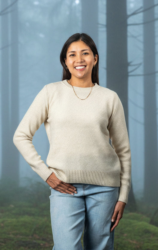 This new jumper from Koru is a cosy crew neck that is perfect for winter layering or worn as a trans-seasonal piece. Knitted with two different coloured yarns it creates a beautiful, marled effect. In sizes S-2XL. Made from possum, merino and silk it is wonderfully soft. Made in NZ by Koru Knitwear.