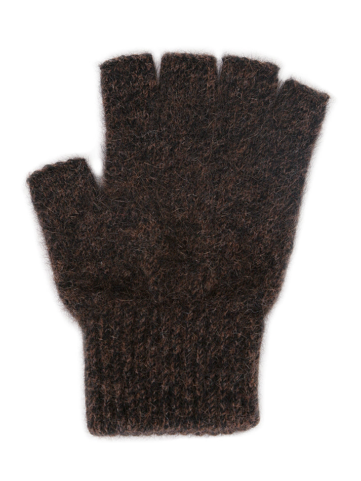 Single thickness gloves with elasticated rib cuff and open fingers from just below the knuckle. In sizes S, M or L. Made in NZ by Lothlorian. Brown Marl.