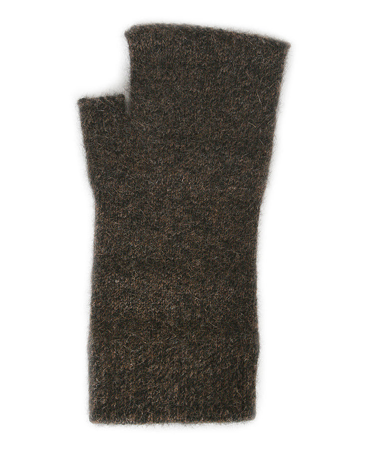 Ideal for wearing anytime and anywhere. Fingerless mittens are light, warm and practical. One size fits most with Lycra added to the wrist area for a secure fit. Made in NZ by Lothlorian. Brown Marl.