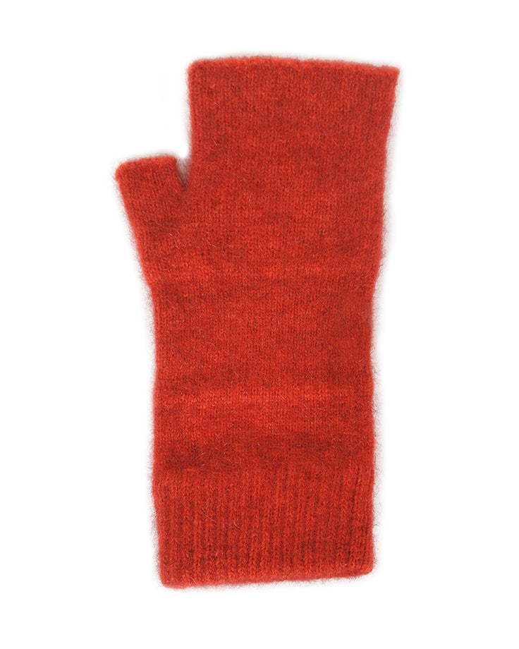 Ideal for wearing anytime and anywhere. Fingerless mittens are light, warm and practical. One size fits most with Lycra added to the wrist area for a secure fit. Made in NZ by Lothlorian. Pumpkin.