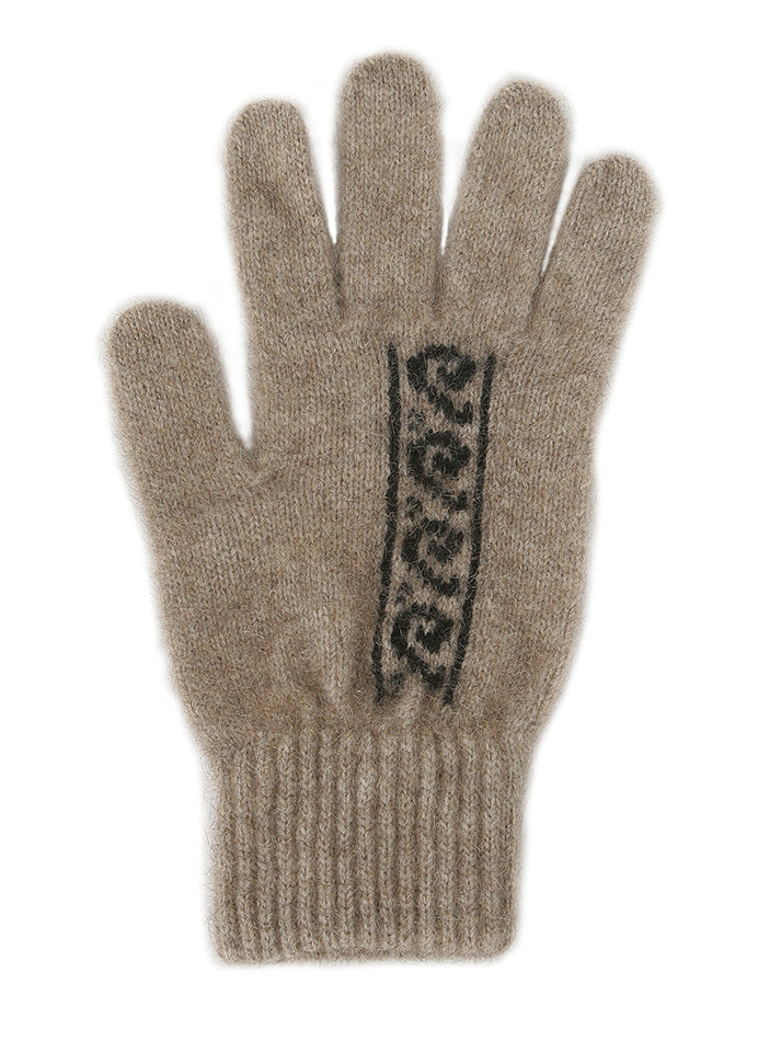 Single thickness gloves with koru motif in a contrasting colour on the back of hand. The rib cuff is elasticated, and the gloves are available in S, M or L. Made in NZ by Lothlorian. Natural.