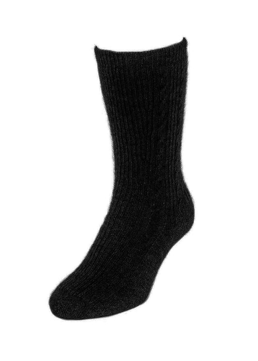 These light ribbed socks with cable detail and comfort band have been especially designed to eliminate any pressure points. Perfect for diabetics or others with circulation issues. Available in S, M, L & XL. Made in NZ by Lothlorian. Black.